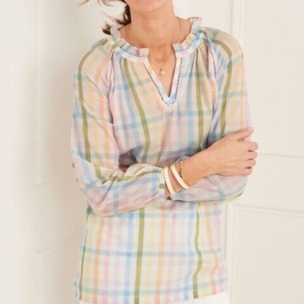 Talbots V-Neck Blouse Top Cotton Pastel Plaid Ruffle Neck Size 1X 3/4 Sleeves